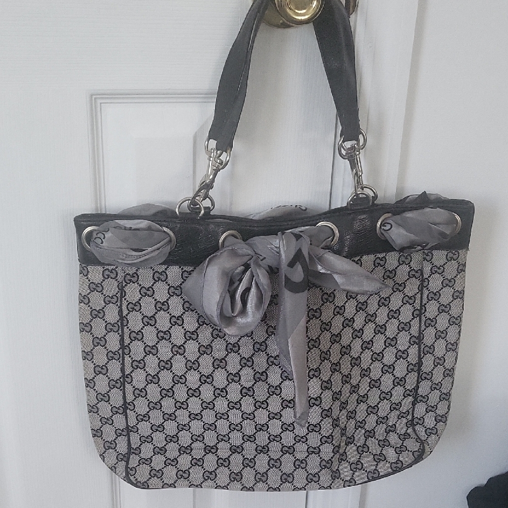 Gucci Blue and Gray Checkered Tote Bag